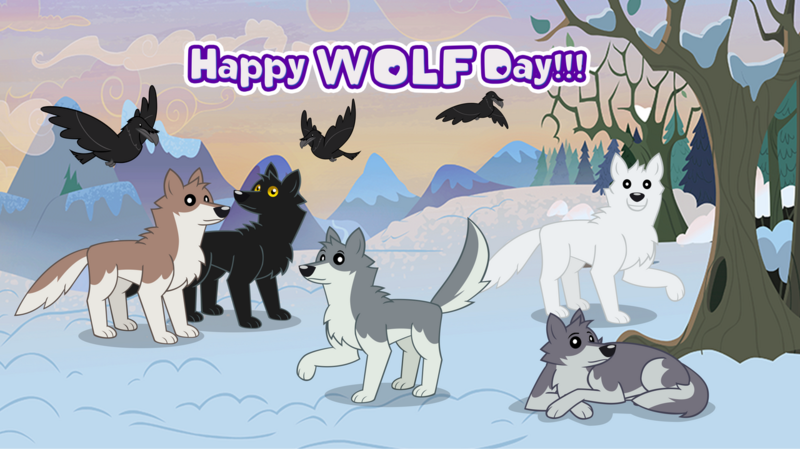 Size: 1280x719 | Tagged: safe, artist:andoanimalia, derpibooru import, sandra, bird, raven (bird), wolf, forest, show accurate, snow, text, tree, wolf day