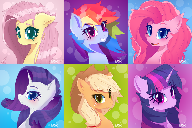 Size: 6000x4000 | Tagged: safe, artist:navokin, derpibooru import, applejack, fluttershy, pinkie pie, rainbow dash, rarity, twilight sparkle, earth pony, pegasus, pony, unicorn, absurd resolution, bust, cheek fluff, cowboy hat, cute, ear fluff, female, hat, looking at you, mane six, mare, portrait, profile, smiling