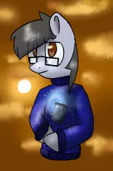 Size: 2575x3894 | Tagged: safe, artist:asklightning, derpibooru import, oc, oc:silver bristle, unofficial characters only, earth pony, pony, semi-anthro, clothes, confused, digital art, doctor who, glasses, looking at you, male, necktie, simple background, stallion, sweater, tardis