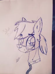 Size: 640x852 | Tagged: artist needed, source needed, safe, derpibooru import, oc, oc:silver bristle, unofficial characters only, earth pony, pony, bust, chest fluff, eyebrows visible through hair, glasses, looking at you, male, necktie, paper, pencil drawing, photo, signature, solo, stallion, traditional art