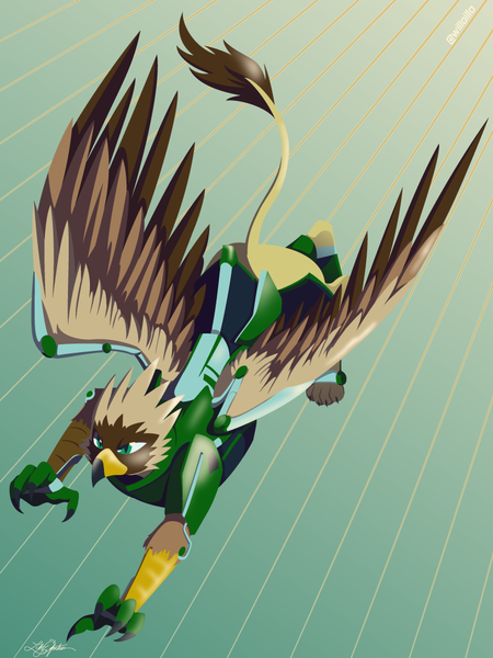 Size: 768x1024 | Tagged: safe, artist:willoillo, derpibooru import, oc, oc:serilde, gryphon, action pose, exosuit, flying, griffon oc, sierra nevada, solo