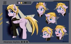 Size: 1280x800 | Tagged: safe, artist:willoillo, derpibooru import, oc, oc:miranda rights, cyborg, pegasus, pony, angry, blushing, clothes, cute, cyberpunk, ear piercing, female, jacket, leather jacket, madorable, mare, pegasus oc, piercing, reference sheet, simple background, solo, wings