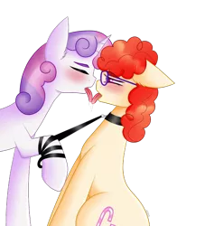 Size: 3689x3899 | Tagged: suggestive, artist:vaiola, derpibooru import, sweetie belle, twist, earth pony, pony, unicorn, advertisement, bdsm, blushing, choker, collar, commission, couple, cutie mark, drool, duo, duo female, female, fetish, french kiss, kissing, latex, leash, lesbian, looking at each other, mare, open mouth, pet play, seductive, sexy, shipping, simple background, sitting, standing, tongue out, transparent background, twistbelle, ych result