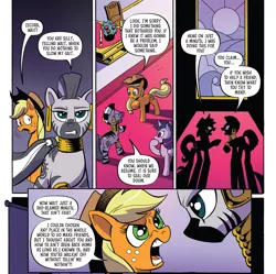 Size: 1983x1974 | Tagged: safe, artist:andypriceart, derpibooru import, idw, applejack, twilight sparkle, zecora, earth pony, pony, zebra, spoiler:comic, spoiler:comic89, angry, applejack is not amused, argument, female, freckles, mare, mohawk, narrowed eyes, offended, oh no she didn't, season 10, unamused, yelling, zecora is not amused