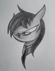 Size: 420x540 | Tagged: artist needed, source needed, safe, derpibooru import, oc, oc:silver bristle, unofficial characters only, earth pony, pony, glasses, grayscale, male, monochrome, necktie, photo, solo, stallion, traditional art, unpleased