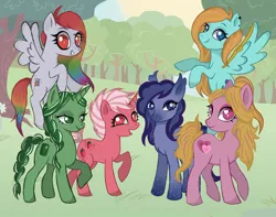 Size: 1080x853 | Tagged: safe, artist:cherrys_doodles, derpibooru import, oc, oc:candy heart, oc:emerald shine, oc:galaxy swirls, oc:sapphire, oc:spectrum flash, oc:strawberry breeze, unofficial characters only, earth pony, pegasus, pony, unicorn, braid, braided tail, chest fluff, ear piercing, earring, earth pony oc, eyelashes, female, forest, grin, group, heart eyes, horn, jewelry, mare, multicolored hair, open mouth, outdoors, pegasus oc, piercing, rainbow hair, raised hoof, rearing, signature, smiling, tree, unicorn oc, wingding eyes, wings