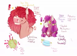 Size: 1080x789 | Tagged: safe, artist:ditzydoggo, derpibooru import, oc, oc:carolina adagio apple, oc:very cherry summer, earth pony, pony, adopted offspring, apple, bust, cake, cutie mark, earth pony oc, female, food, hair over eyes, magical gay spawn, magical lesbian spawn, mare, offspring, parent:big macintosh, parent:cheerilee, parent:sugar belle, parent:trouble shoes, parents:sugarlee, parents:troublemac, pigtails, siblings, simple background, sisters, twintails, white background
