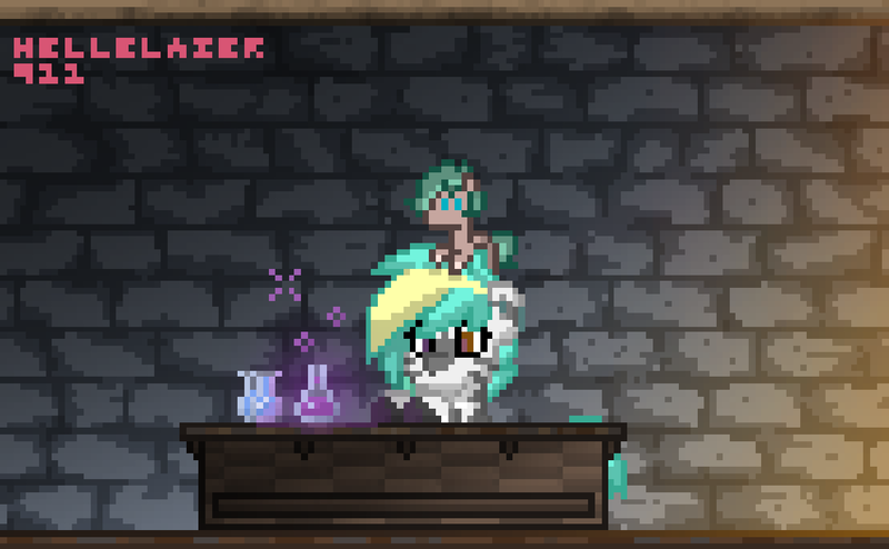 Size: 1273x786 | Tagged: safe, artist:hellblazer911, derpibooru import, oc, oc:rokosmith, oc:shelly smith, unofficial characters only, pegasus, pony, pony town, female, filly, floor, mare, pixel art, pony town sprite, potion, potions, shadow, stone wall, table