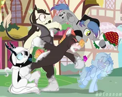 Size: 2048x1637 | Tagged: safe, artist:shinningblossom12, derpibooru import, oc, unofficial characters only, bat pony, pegasus, pony, unicorn, base used, bat pony oc, bat wings, bouquet, building, female, flower, group, hat, hoof fluff, hoof hold, horn, male, mare, outdoors, pegasus oc, scared, stallion, struggling, unicorn oc, wings