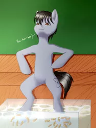 Size: 1500x2000 | Tagged: safe, artist:lbunicorn, artist:lostworld, derpibooru import, oc, oc:silver bristle, unofficial characters only, earth pony, fish, pony, bipedal, bipedal leaning, cutie mark, digital art, eyes watering, giggling, hoof tickling, leaning, male, missing accessory, relaxed, relaxing, sitting, smug, solo, spa, stallion, tickling, ticklish hooves, water