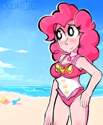 Size: 1020x1232 | Tagged: safe, artist:duckoiii, derpibooru import, pinkie pie, equestria girls, equestria girls series, attached skirt, beach, blushing, bucket, clothes, cute, diapinkes, female, geode of sugar bombs, hand on hip, magical geodes, one-piece swimsuit, skirt, solo, spade, swimsuit