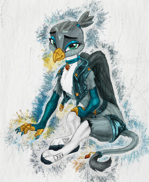 Size: 2733x3338 | Tagged: safe, artist:joestick, derpibooru import, editor:vedont, gabby, anthro, digitigrade anthro, gryphon, chest fluff, choker, clothes, female, fingerless gloves, gloves, jacket, socks