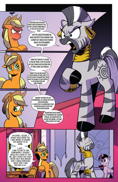 Size: 1988x3056 | Tagged: safe, artist:andypriceart, derpibooru import, edit, idw, applejack, twilight sparkle, twilight sparkle (alicorn), zecora, alicorn, earth pony, pony, zebra, spoiler:comic, spoiler:comic89, angry, female, mare, season 10, text edit