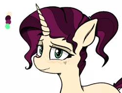 Size: 1123x854 | Tagged: safe, artist:pinkberry, derpibooru import, oc, oc:mulberry merlot, unofficial characters only, pony, unicorn, blushing, colored, dock, female, freckles, heart, mare, simple background, simple shading, solo, tattoo