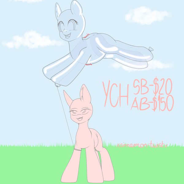 Size: 3000x3000 | Tagged: questionable, artist:xcinnamon-twistx, derpibooru import, balloon pony, inflatable pony, pony, air inflation, balloon, commission, cute, descriptive noise, fetish, floating, grass, happy, inflatable, inflatable fetish, inflation, shiny, sky, string, wide eyes, ych sketch, your character here