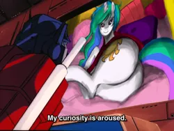 Size: 500x375 | Tagged: aroused, artist:johnjoseco, ask princess molestia, bed, bed mane, butt, caption, colored, context is for the weak, curiosity, curious, derpibooru import, edit, female, interspecies, messy mane, optilestia, optimus prime, out of context, plot, princess celestia, robot, sexy, subtitle, suggestive, sunbutt, transformers, viewscreen