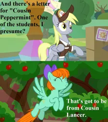 Size: 1280x1440 | Tagged: safe, derpibooru import, edit, edited screencap, screencap, derpy hooves, peppermint goldylinks, marks for effort, the point of no return, apple, apple tree, cute, derpabetes, dialogue, eyes closed, food, friendship student, hat, implied oc, letter, mailbag, mailmare hat, mailpony uniform, mane bow, package, peppermint adoralinks, tree