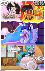 Size: 2600x4100 | Tagged: safe, artist:metalface069, derpibooru import, princess celestia, oc, oc:chug-a-lug, alicorn, earth pony, pony, belly, big belly, bread, chubby, chubbylestia, comic, commission, crying, dream, fat, feeding, female, food, hug, mare, muffin, sleeping, your character here