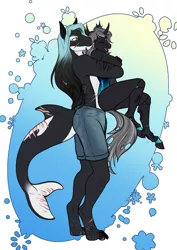 Size: 2865x4051 | Tagged: safe, artist:blackblood-queen, derpibooru import, oc, oc:imago, oc:mako, unofficial characters only, anthro, changeling, digitigrade anthro, earth pony, hybrid, orca, orca pony, original species, unguligrade anthro, anthro oc, changeling oc, clothes, couple, cricketfish, cute, cuteling, cute little fangs, digital art, eyes closed, fangs, female, happy, hug, hugs 4 bugs, male, oc x oc, partial nudity, scar, shipping, shorts, size difference, smiling, straight, topless