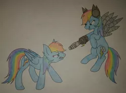 Size: 2596x1926 | Tagged: safe, artist:shadowkunsgirlfriend, derpibooru import, rainbow dash, wild card, cyborg, pegasus, elements of insanity, alternate cutie mark, alternate universe, angry, blue fur, confident, flying, gun protrusion, looking at each other, multicolored mane, multicolored tail, pink eyes, rainbine, rainbine ears, smiling, tomboy, traditional art