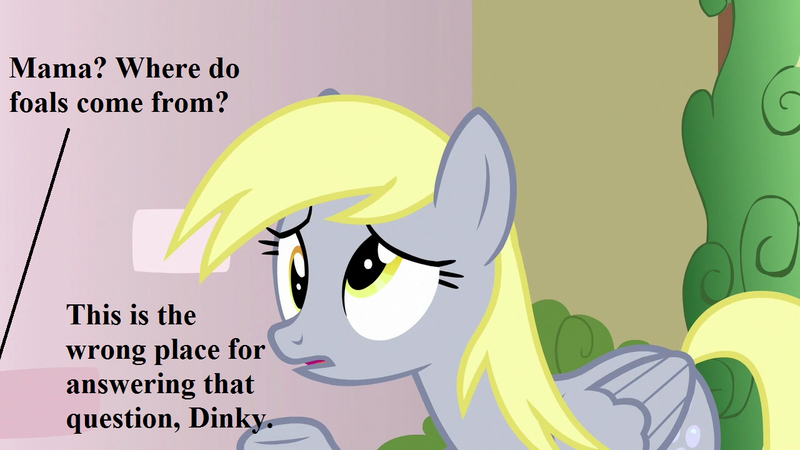 Size: 1280x720 | Tagged: safe, derpibooru import, edit, edited screencap, screencap, derpy hooves, triple threat, dialogue, implied dinky, the talk