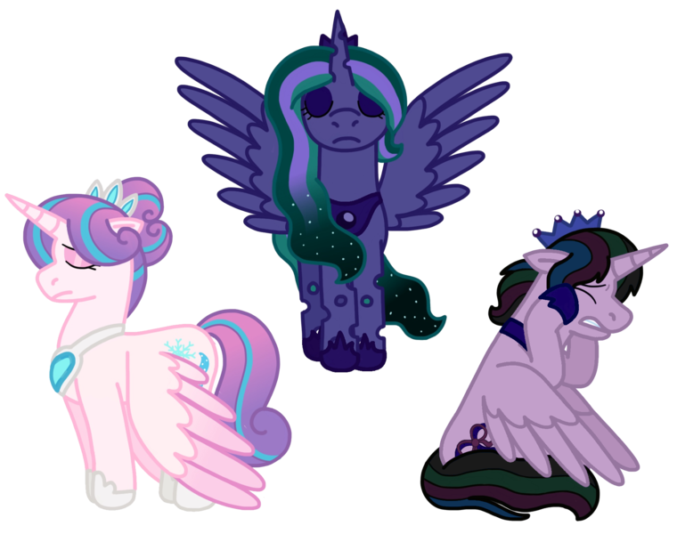 Size: 1945x1536 | Tagged: safe, artist:kindheart525, derpibooru import, princess flurry heart, oc, oc:firefly, oc:velvet shade, alicorn, changepony, hybrid, kindverse, alicorn oc, alternate hairstyle, crown, eyes closed, horn, interspecies offspring, jewelry, magical lesbian spawn, offspring, older, older flurry heart, parent:good king sombra, parent:king sombra, parent:princess celestia, parent:princess luna, parent:queen chrysalis, parents:celestibra, parents:chrysaluna, regalia, simple background, transparent background, wings