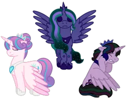 Size: 1945x1536 | Tagged: safe, artist:kindheart525, derpibooru import, princess flurry heart, oc, oc:firefly, oc:velvet shade, alicorn, changepony, hybrid, kindverse, alicorn oc, alternate hairstyle, crown, eyes closed, horn, interspecies offspring, jewelry, magical lesbian spawn, offspring, older, older flurry heart, parent:good king sombra, parent:king sombra, parent:princess celestia, parent:princess luna, parent:queen chrysalis, parents:celestibra, parents:chrysaluna, regalia, simple background, transparent background, wings