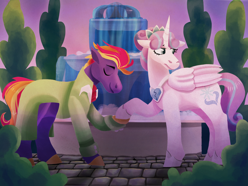 Size: 2048x1536 | Tagged: safe, artist:artfestation, artist:kindheart525, derpibooru import, princess flurry heart, oc, alicorn, earth pony, kindverse, crown, jewelry, older, older flurry heart, regalia, water fountain