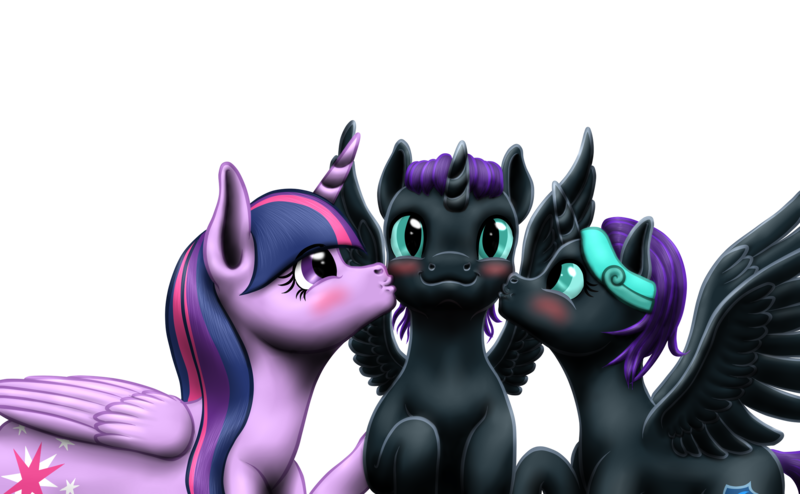 Size: 2575x1591 | Tagged: safe, artist:vasillium, derpibooru import, oc, oc:nox (rule 63), oc:nyx, alicorn, pony, accessories, adorable face, adorkable, alicorn oc, blushing, brother, brother and sister, colt, cute, cutie mark, daughter, diabetes, dork, eyelashes, eyes open, family, female, filly, happy, heartwarming, high res, horn, kiss on the cheek, kissing, looking, looking at each other, male, mare, mother, mother and child, mother and daughter, mother and son, motherly love, nostrils, nyxabetes, parent and child, parent:twilight sparkle, prince, princess, r63 paradox, royalty, rule 63, rule63betes, self paradox, self ponidox, sibling bonding, sibling love, siblings, simple background, sisters, smiling, son, spread wings, stars, sweet, teasing, teeth, transparent background, twins, wall of tags, wings