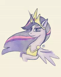 Size: 1080x1345 | Tagged: dead source, safe, alternate version, artist:mxrtiarty, derpibooru import, princess twilight 2.0, twilight sparkle, twilight sparkle (alicorn), alicorn, pony, the last problem, bust, crown, female, jewelry, mare, peytral, regalia, signature, smiling, solo, traditional art