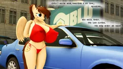Size: 1920x1080 | Tagged: 3d, anthro, artist:ponkssfmworks, big breasts, bikini, bikini bottom, bikini top, breasts, car, city, clothes, cutie mark, derpibooru import, dialogue, downtown, embarrassed, erect nipples, female, huge breasts, impossibly large breasts, modeling, nipple outline, nudity, oc, oc:cookie crunch, offscreen character, pegasus, shy, solo, solo female, source filmmaker, suggestive, swimsuit, thong swimsuit, wings