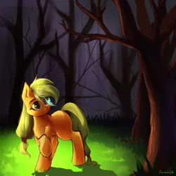 Size: 1600x1600 | Tagged: safe, artist:codliverno, derpibooru import, applejack, butterfly, earth pony, insect, pony, cute, female, forest, insect on nose, jackabetes, missing cutie mark, raised hoof, signature, solo, tree