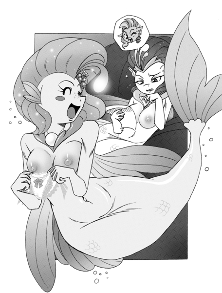 Size: 1500x1974 | Tagged: anthro, artist:boastudio, breasts, busty princess skystar, busty queen novo, casual nudity, clothes, comic:hooves & fins, derpibooru import, digital art, female, females only, grayscale, mermaid, milf, monochrome, mother and child, mother and daughter, my little pony: the movie, nipples, nudity, panties, princess skystar, queen novo, questionable, seapony (g4), silverstream, smiling, underwear