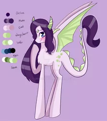 Size: 1280x1440 | Tagged: safe, artist:unikitty66, derpibooru import, oc, dracony, hybrid, blushing, color palette, deviantart watermark, dragon wings, ear fins, earfins, hair over one eye, hoof over mouth, horns, interspecies offspring, long mane, obtrusive watermark, offspring, parent:rarity, parent:spike, parents:sparity, purple background, simple background, solo, watermark, wings