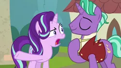 Size: 1280x720 | Tagged: safe, derpibooru import, screencap, firelight, starlight glimmer, pony, unicorn, the parent map, duo, eyes closed, father and child, father and daughter, female, hoof pointing, male, mare, stallion, starlight is not amused, unamused
