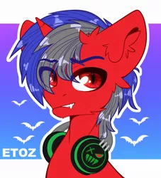 Size: 2000x2200 | Tagged: safe, artist:etoz, derpibooru import, oc, oc:noah, unofficial characters only, pony, unicorn, vampire, vampony, commission, eyebrows, fangs, gradient background, headphones, horn, male, solo, stallion, unicorn oc, wingding eyes