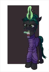 Size: 2340x3385 | Tagged: 4chan, anonymous artist, canned food, changeling, changeling queen, clothes, colored, cute, cutealis, derpibooru import, dork, dorkalis, drawthread, eyeglasses, female, food, /mlp/, pasta, queen chrysalis, requested art, safe, simple background, solo, spaghetti, spagoots, spoon, sweater, transparent background, wholesome