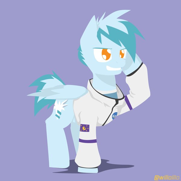 Size: 4096x4096 | Tagged: safe, artist:willoillo, derpibooru import, oc, oc:concorde, pegasus, pony, clothes, female, jacket, mare, no pupils, offspring, parent:soarin', parent:spitfire, parents:soarinfire, pegasus oc, purple background, salute, simple background, solo, spacesuit, wings