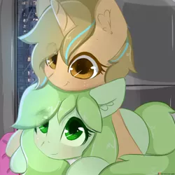 Size: 1000x1000 | Tagged: safe, artist:grithcourage, artist:mirroredsea, derpibooru import, oc, oc:grith courage, unofficial characters only, earth pony, pony, unicorn, cute, duo, duo female, female, hug, interactive, looking at each other, looking up, mare, trace