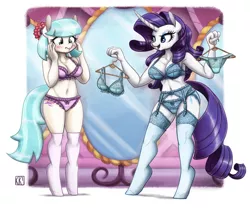 Size: 2750x2300 | Tagged: suggestive, artist:king-kakapo, derpibooru import, coco pommel, rarity, anthro, earth pony, unguligrade anthro, unicorn, belly button, blue underwear, blushing, bra, breasts, busty coco pommel, busty rarity, butt, chest fluff, cleavage, clothes, commission, curved horn, curvy, embarrassed, eyeshadow, female, frilly, frilly underwear, garter belt, garters, high res, horn, kneesocks, lace, lace underwear, legs, lingerarity, lingerie, long horn, makeup, midriff, panties, pink underwear, purple underwear, raripanty, rearity, ribbon, socks, stockings, stupid sexy coco pommel, stupid sexy rarity, thigh highs, thighs, underwear, wavy mouth, wide hips