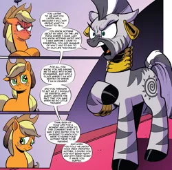 Size: 994x980 | Tagged: safe, artist:andypriceart, derpibooru import, edit, editor:wild stallions, idw, applejack, zecora, earth pony, pony, zebra, spoiler:comic, spoiler:comic89, angry, ashamed, female, furious, implied pear butter, mare, mood swing, ooc is serious business, raised hoof, rhyming, season 10, shit just got real, sin of wrath, text edit, when she doesn't rhyme, zecora is not amused