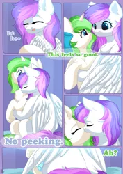 Size: 2893x4092 | Tagged: suggestive, artist:alphadesu, derpibooru import, oc, oc:minty root, oc:snow kicker, pegasus, pony, unicorn, comic:sisterly love, comic, kissing, rubbing, sidemouth