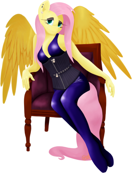 Size: 2419x3166 | Tagged: anthro, artist:alicorn-without-horn, breasts, busty fluttershy, chair, clothes, corset, derpibooru import, female, fluttershy, high res, latex, latex suit, lock, looking at you, padlock, simple background, sitting, solo, solo female, suggestive, transparent background, unguligrade anthro