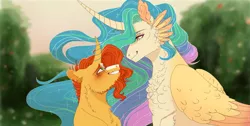 Size: 1360x685 | Tagged: safe, artist:yesterdaysrunaway, derpibooru import, princess celestia, sunburst, alicorn, pony, unicorn, blushing, celestiburst, cheek feathers, curved horn, female, floppy ears, height difference, horn, looking at each other, male, mare, shipping, stallion, story in the source, straight