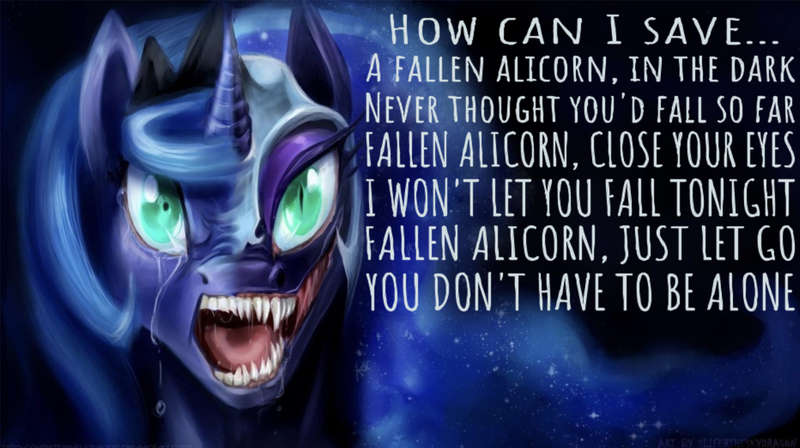 Size: 1652x925 | Tagged: semi-grimdark, artist:slifertheskydragon, derpibooru import, edit, editor:undeadponysoldier, nightmare moon, princess luna, alicorn, pony, bust, creepy, crown, crying, drool, duality, fallen alicorn, fallen angel, female, jewelry, lyrics, mare, nose wrinkle, open mouth, parody, portrait, regalia, song reference, teeth, text, three days grace, transformation