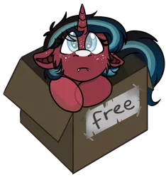 Size: 541x577 | Tagged: safe, artist:rokosmith26, derpibooru import, part of a set, oc, oc:echo, unofficial characters only, bat pony, bat pony unicorn, hybrid, pony, unicorn, blind, box, chibi, colored, cute, eye clipping through hair, female, filly, floppy ears, freckles, horn, looking at you, puppy dog eyes, roko's box ponies, simple background, solo, tail, teeth, text, tooth, transparent, transparent background