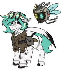 Size: 994x1123 | Tagged: safe, artist:rokosmith26, derpibooru import, oc, oc:rokosmith, unofficial characters only, parasprite, pegasus, pony, robot, fallout equestria, bag, clothes, colored wings, ear fluff, female, floppy ears, goggles, gun, heterochromia, hoof fluff, looking up, mare, markings, messy mane, multicolored wings, short hair, short mane, shotgun, simple background, solo, spread wings, spritebot, standing, stripes, transparent background, weapon, wings