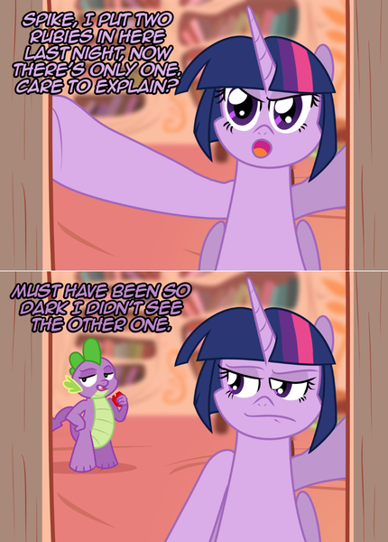 Size: 1076x1502 | Tagged: safe, artist:ladyanidraws, derpibooru import, spike, twilight sparkle, twilight sparkle (alicorn), alicorn, dragon, pony, dialogue, eating, female, gem, lies, mare, twilight is not amused, unamused