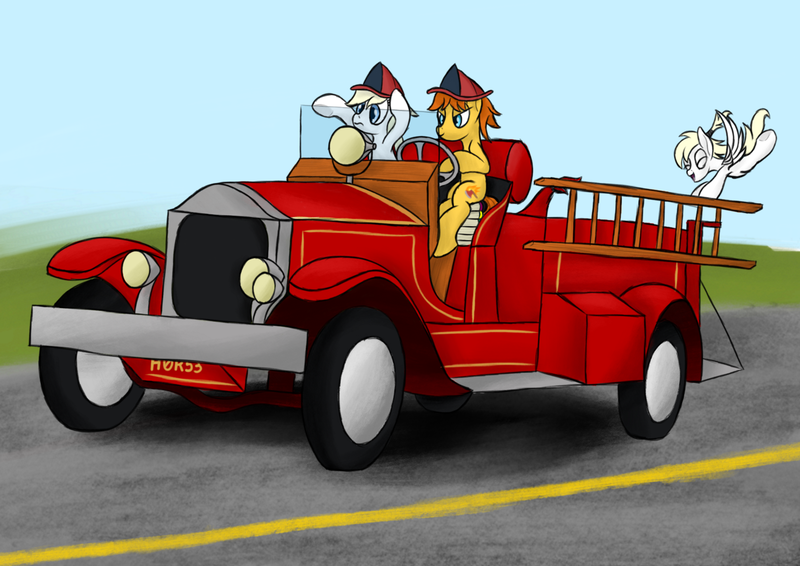 Size: 1488x1053 | Tagged: safe, artist:anonymous, derpibooru import, oc, oc:aryanne, oc:fireaxe, oc:luftkrieg, earth pony, pegasus, pony, art pack:marenheit 451, /mlp/, female, fire engine, firefighter, firefighter helmet, helmet, mare, nazi, swastika