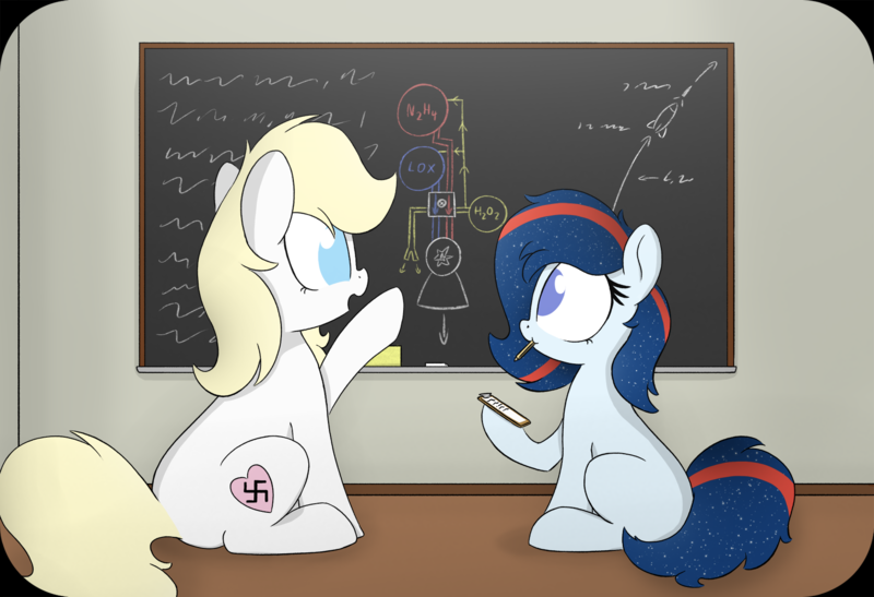 Size: 1669x1141 | Tagged: safe, artist:anonymous, derpibooru import, oc, oc:aryanne, oc:nasapone, earth pony, pony, art pack:marenheit 451, /mlp/, chalkboard, female, mare, nazi, notepad, operation paperclip, pen, rocket, rocket science, swastika